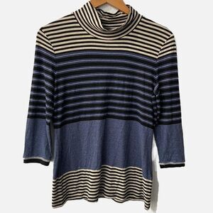 Three Dots blue black striped shirt mock neck 3/4 sleeve top womens L